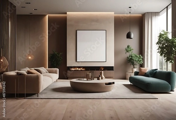 Fototapeta Frame mockup, ISO A paper size. Living room poster mockup. Interior mockup with house white background. Modern interior design. 3D render