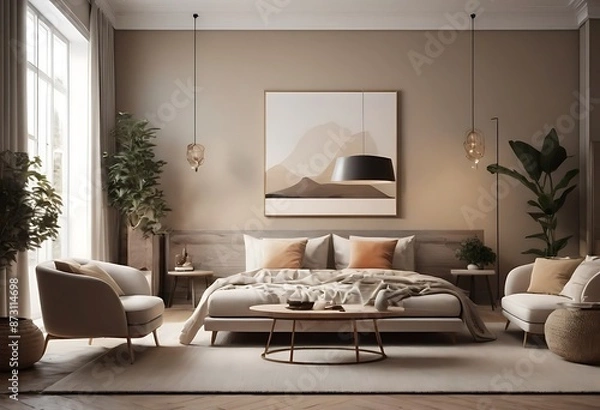 Fototapeta Frame mockup, ISO A paper size. Living room poster mockup. Interior mockup with house white background. Modern interior design. 3D render