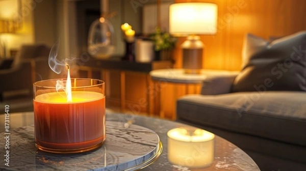 Fototapeta A close-up of a burning candle in a round glass jar on a marble coffee table, next to a lamp on a side table and a grey sofa in a modern loft home design.