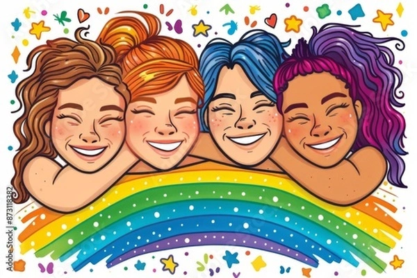 Fototapeta Cheerful digital illustration of friends under a rainbow, vibrant and joyful