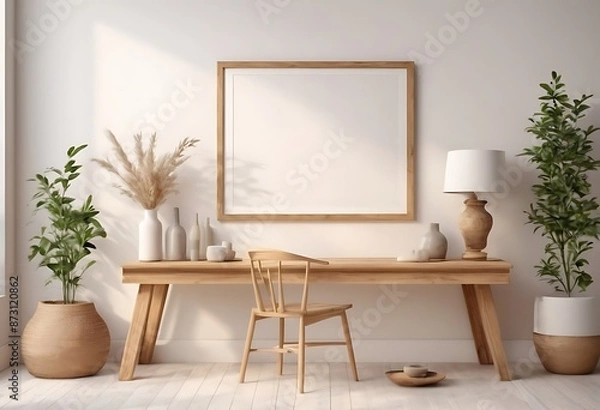 Fototapeta Mock up frame in home interior background, white room with natural wooden table and decor, 3d render