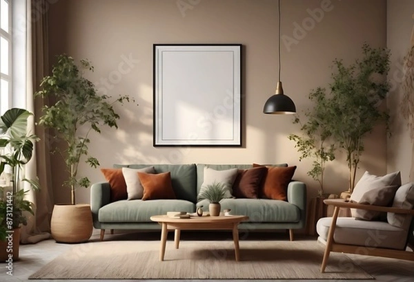 Fototapeta Frame mockup, ISO A paper size. Living room poster mockup. Interior mockup with house white background. Modern interior design. 3D render