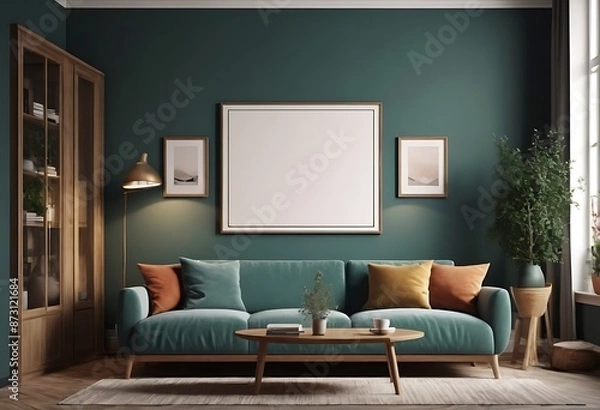 Fototapeta Frame mockup, ISO A paper size. Living room poster mockup. Interior mockup with house white background. Modern interior design. 3D render