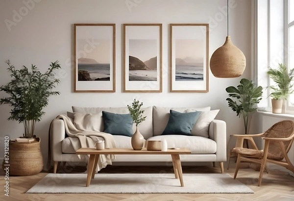 Fototapeta Frame mockup, ISO A paper size. Living room poster mockup. Interior mockup with house white background. Modern interior design. 3D render