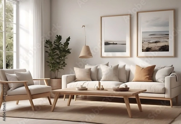 Fototapeta Frame mockup, ISO A paper size. Living room poster mockup. Interior mockup with house white background. Modern interior design. 3D render