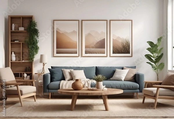 Fototapeta Frame mockup, ISO A paper size. Living room poster mockup. Interior mockup with house white background. Modern interior design. 3D render