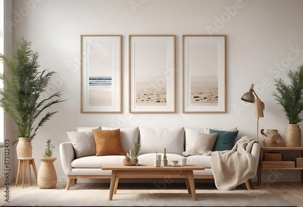 Fototapeta Frame mockup, ISO A paper size. Living room poster mockup. Interior mockup with house white background. Modern interior design. 3D render