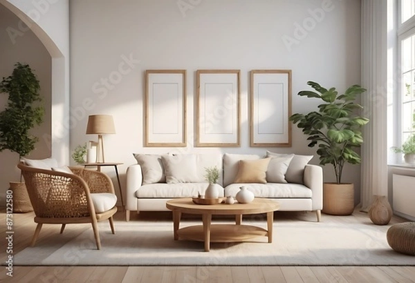 Fototapeta Frame mockup, ISO A paper size. Living room poster mockup. Interior mockup with house white background. Modern interior design. 3D render
