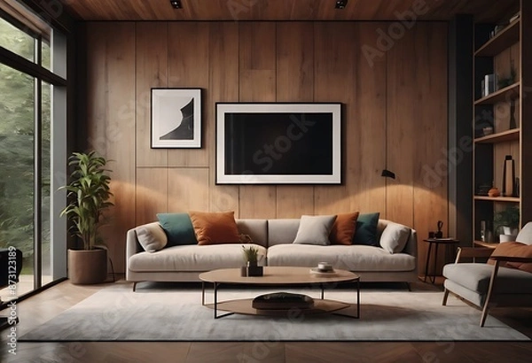 Fototapeta Frame mockup, ISO A paper size. Living room poster mockup. Interior mockup with house white background. Modern interior design. 3D render