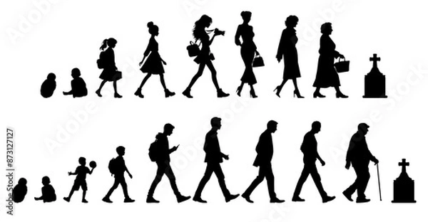 Fototapeta Vector illustration. Silhouette of growing up man from baby to old age. Many people of different ages in a row.	