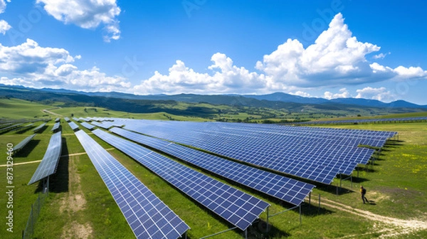 Fototapeta Expansive Solar Park with Rows of Panels, Green Hills and Mountains, Sunlit Landscape, Modern Design, Renewable Energy, Maintenance Workers, Vast Field
