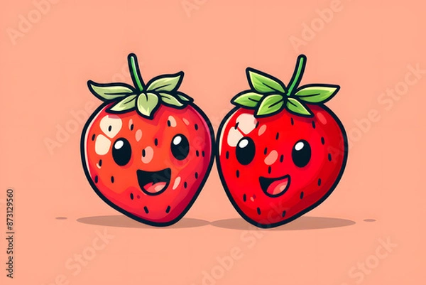 Fototapeta Flat logo illustration of a cute strawberries, isolated on plain, simple background. Generative AI