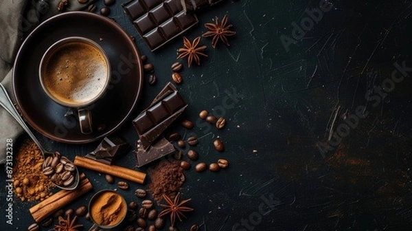 Fototapeta Coffee chocolate and spices on a sleek black surface