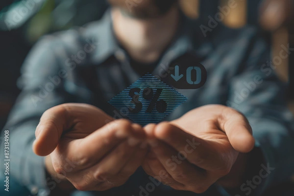 Fototapeta The Businessman holds up an arrow icon and percentage with graph indicators for investment growth.