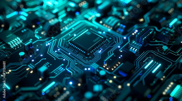 Fototapeta abstract background with circuit board and chip on blue glowing neon light, high tech concept wallpaper