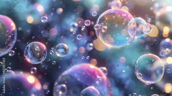 Fototapeta Floating liquid bubbles in various sizes and colors, animated seamlessly to create a mesmerizing, dynamic 3D scene full of fluid motion and visual interest.