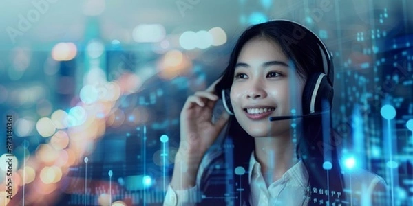 Fototapeta At an office workstation, a call center agent helps, talks, or networks online. Insurance agent, smiling woman, or graphic hologram communicating at customer service work.