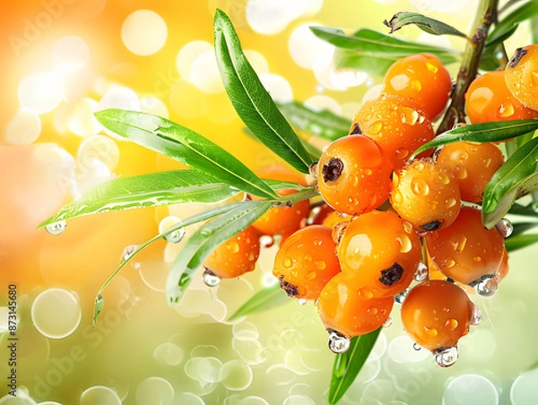 Obraz Juicy ripe sea buckthorn berries in droplets of water. Neural network AI generated art