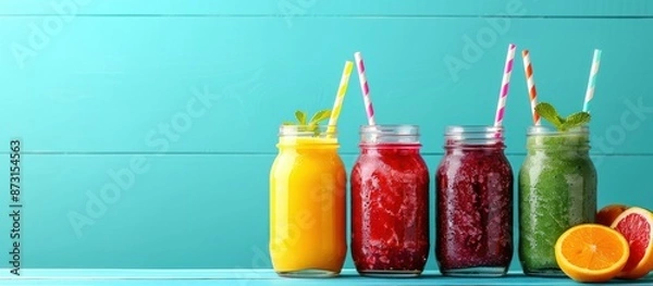 Fototapeta Four colorful fruit smoothies or juices in glass jars on blue rustic wood. Summer drinks. detox, diet, healthy eating or vegan concept.