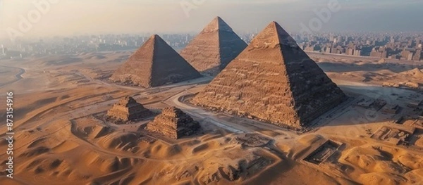 Fototapeta Aerial view of the majestic Pyramids in Egypt at sunset, showcasing the ancient wonders of the world and historical landmarks.