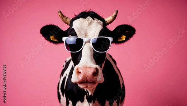 Fototapeta A black and white cow with white sunglasses stares directly at the camera with a serious expression. The background is a bright pink color