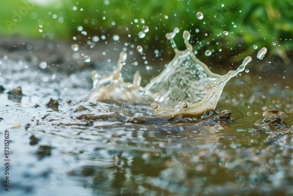 Fototapeta Dynamic image of water splashing in a puddle during a rain shower, showcasing the movement and energy of water interacting with the ground.