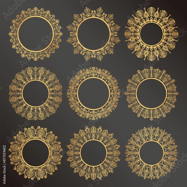 Obraz Set of nine round luxury gold frames on a black background. Floral motifs in the design of cards, covers, mirrors 