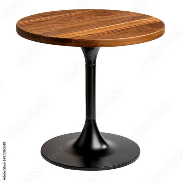 Obraz A wooden table with a black base and a round top on a transparent background.