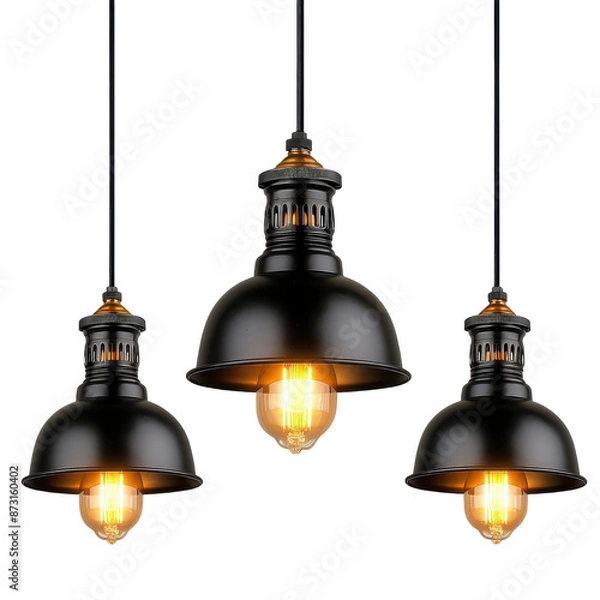 Obraz Three black lamps with yellow bulbs hanging from the ceiling on a transparent background.