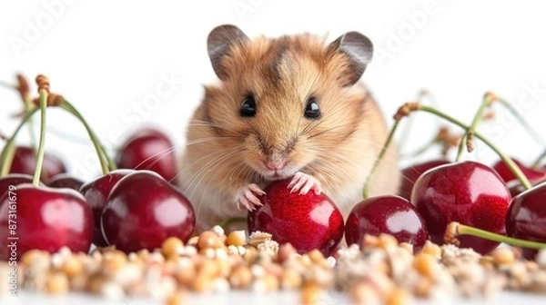 Fototapeta Syrian hamster surrounded by cherries and grains on white background