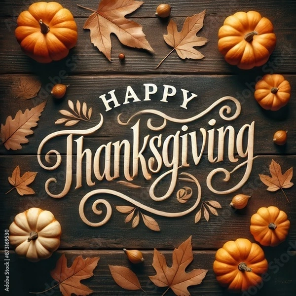 Obraz Thanksgiving Message with Pumpkins and Fall Leaves