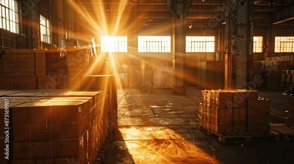 Fototapeta Storage of ready made cardboard boxes on pallets in a warehouse Designing concept for corrugated cardboard box manufacturing Sunset rays inside through window