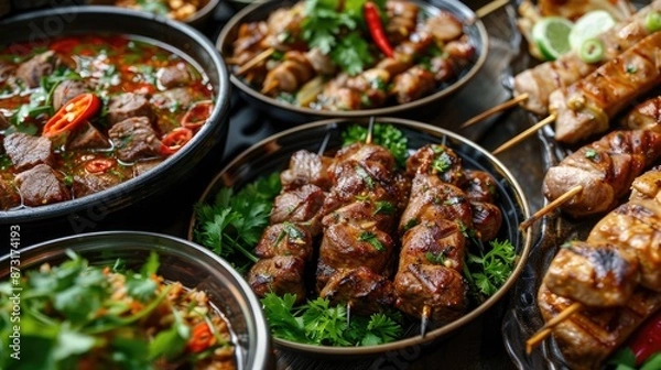 Fototapeta Variety of grilled meats and soups with meat and green vegetables at 45 degree angles