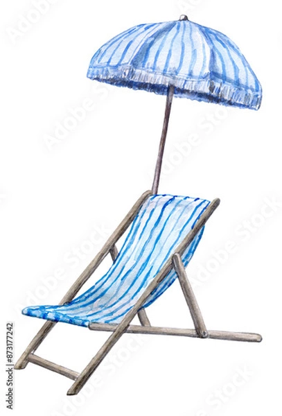Fototapeta A watercolor illustration of a blue striped deck chair and umbrella. Hand-painted outdoor beach furniture. Isolated elements. PNG clipart.