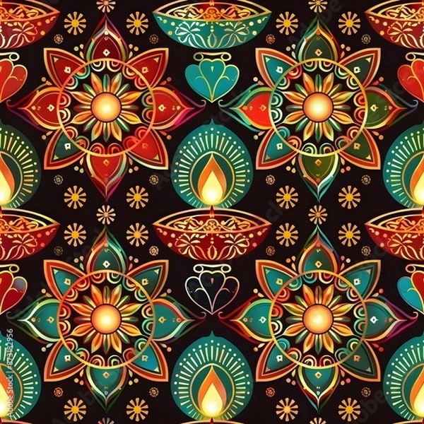 Fototapeta Intricate Mandala Patterned Diwali Diya Arrangement Radiating Mesmerizing Illumination