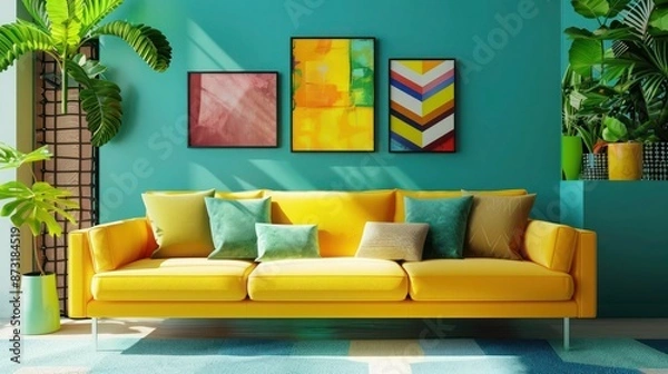 Fototapeta A vibrant modern living room in 3D rendering, showcasing a bright yellow sofa set against teal walls, filled with colorful abstract art and green indoor plants, creating a lively space.