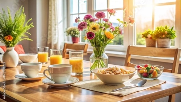 Fototapeta Cozy morning scene with empty dining table set for breakfast, bowl of cereals, juice glasses, and a vase with fresh flowers.