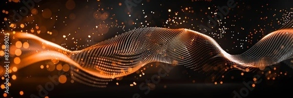 Fototapeta Abstract background with digital waves and glowing dots on a dark black backdrop, in the style of AI technology concept. Digital wave background with bokeh lights and an orange glow for a tech design
