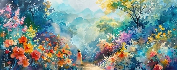 Fototapeta Vibrant, surreal landscape painting with bright flowers and a solitary figure on a path amid lush greenery and distant mountains.