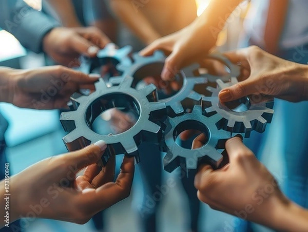 Obraz Business team collaborating, connecting gears on a wall in an office, close-up shot showing hands and gears, emphasizing teamwork, brainstorming, and company merger concepts