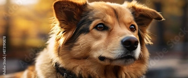 Fototapeta A close-up portrait of a dog, captured with a shallow depth of field to emphasize its rugged, textured fur