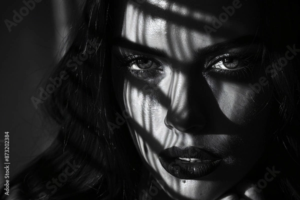 Fototapeta Black and white portrait of a beautiful woman with shadows on her face, high contrast, isolated on a black background, dramatic lighting, studio shot, copy space for text, in the style of.


