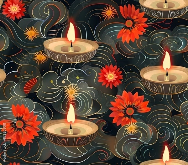 Fototapeta Enchanting Diwali Diya Seamless Pattern with Celestial Motifs Inspired by Ukiyo e Japanese Art
