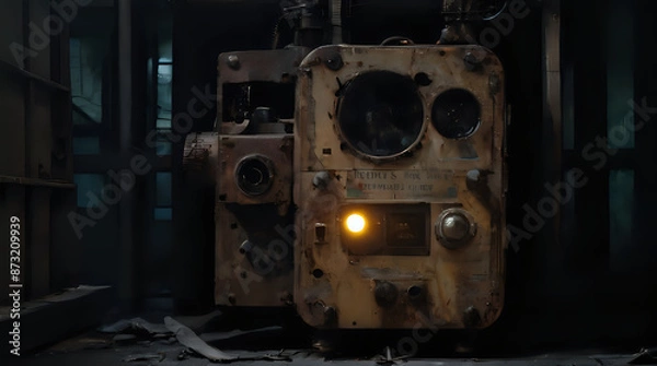 Fototapeta a very old machine with a yellow light in the dark