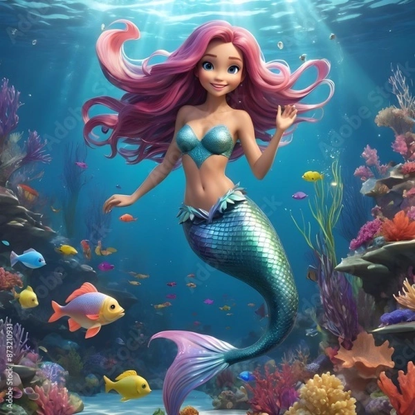 Fototapeta A 3D cartoon mermaid with flowing hair and a sparkling tail, swimming underwater with colorful fish. 