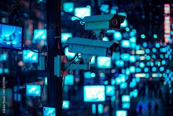 Fototapeta Security Camera In A City Of Screens.
