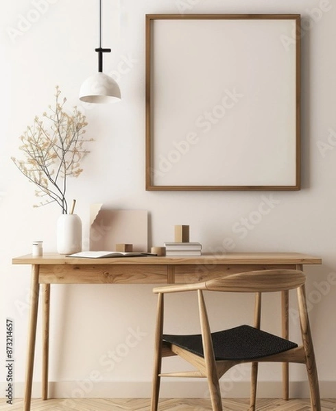 Fototapeta Minimalist Modern Desk Setup with Wooden Accents and Neutral Colors