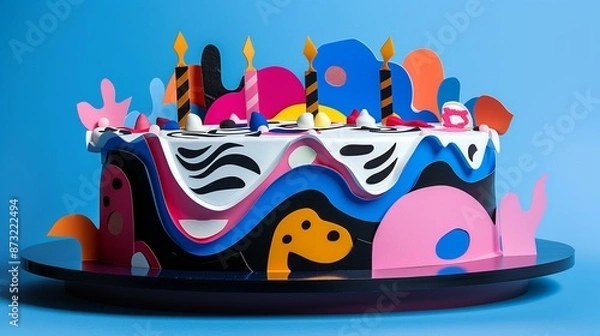 Obraz Colorful oddly shaped birthday cake with candles on blue background, joy happiness fun food