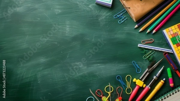 Obraz School supply on green chalkboard copy space background