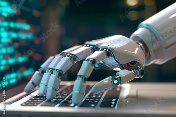 Fototapeta Bionic hand typing on keyboard